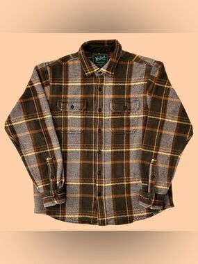Woolrich Green Label Button Down Plaid Collared Shirt THICK Yellow Brown Large